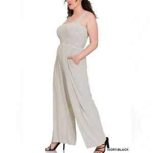 Zenana Jumpsuit Wide Leg Smocked Top Ivory Black Striped